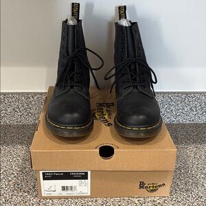 Dr. Martens Black Leather Lace-Up Ankle Boots with Yellow Stitching